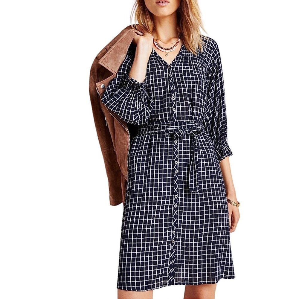 Anthropologie Maeve Sara Smocked Shirtdress in Navy Size XS NWT - Picture 2 of 14